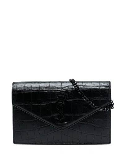 Pre-owned Saint Laurent 2016 Croc Embossed Leather Monogram Monochrome Envelope Chain Wallet Crossbody Bag In Black