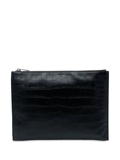 Pre-owned Saint Laurent 2016 Crocodile Embossed Leather Zipped Tablet Holder Clutch Bag In Black