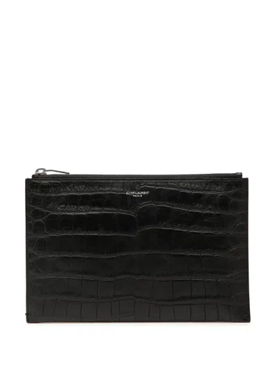 Pre-owned Saint Laurent 2016 Crocodile Embossed Leather Zipped Tablet Holder Clutch Bag In Black