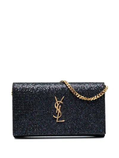 Pre-owned Saint Laurent 2016 Glitter Monogram Kate Wallet On Chain Crossbody Bag In Black