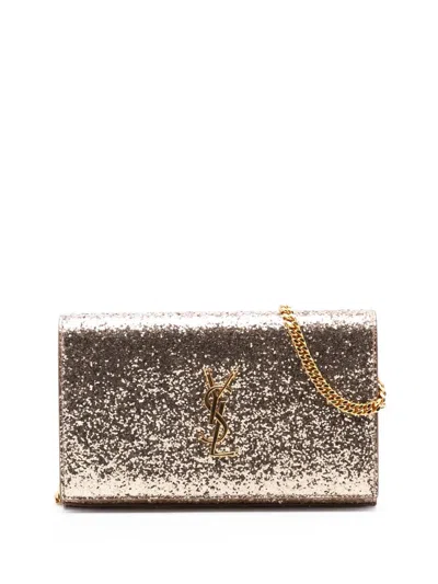 Pre-owned Saint Laurent 2016 Glitter Monogram Kate Wallet On Chain Crossbody Bag In Gold