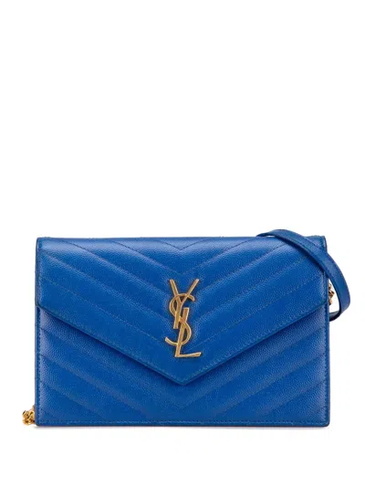 Pre-owned Saint Laurent 2016 Grain De Poudre Matelasse Chevron Monogram Chain Wallet Crossbody Bag In 蓝色