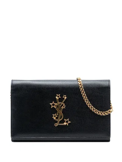 Pre-owned Saint Laurent 2016 Grain De Poudre Star Monogram Wallet On Chain Crossbody Bag In Black