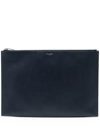 Pre-owned Saint Laurent 2016 Grain De Poudre Zip Document Holder Clutch Bag In Black