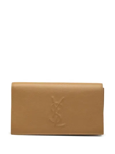 Pre-owned Saint Laurent 2016 Large Calfskin Monogram Belle De Jour Clutch Bag In Brown
