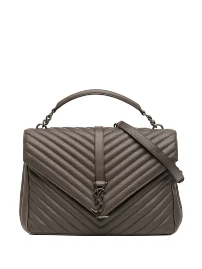 Pre-owned Saint Laurent 2016 Large Chevron Sheepskin Monogram College Bag Satchel In Brown