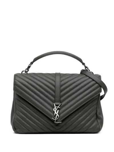 Pre-owned Saint Laurent 2016 Large Chevron Sheepskin Monogram College Bag Satchel In Gray