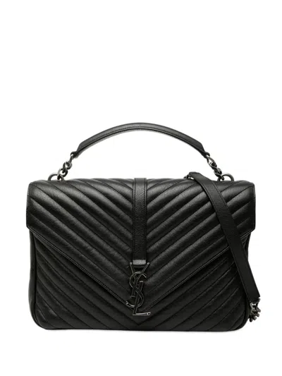 Pre-owned Saint Laurent 2016 Large Chevron Sheepskin Monogram College Satchel In Black