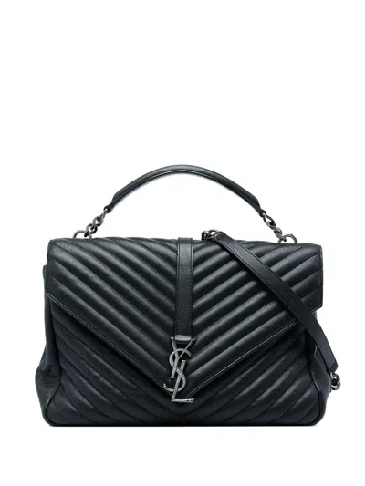 Pre-owned Saint Laurent 2016 Large Chevron Sheepskin Monogram College Satchel In Black