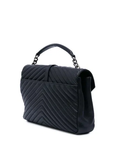 Pre-owned Saint Laurent 2016 Large Chevron Sheepskin Monogram College Satchel In Blue