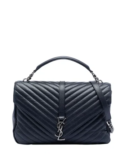 Pre-owned Saint Laurent 2016 Large Chevron Sheepskin Monogram College Satchel In Blue