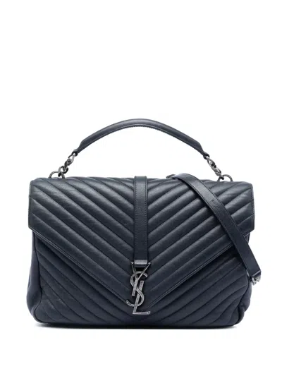 Pre-owned Saint Laurent 2016 Large Chevron Sheepskin Monogram College Satchel In Blue