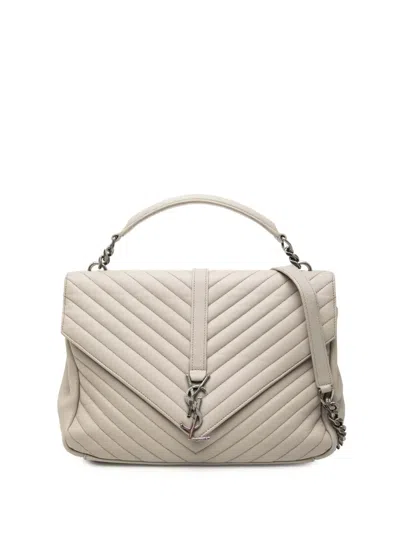 Pre-owned Saint Laurent 2016 Large Chevron Sheepskin Monogram College Satchel In Gray