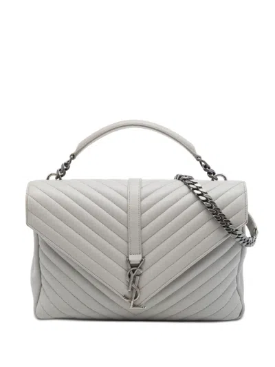 Pre-owned Saint Laurent 2016 Large Chevron Sheepskin Monogram College Satchel In Gray