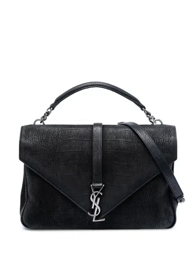 Pre-owned Saint Laurent 2016 Large Croc Embossed Nubuck Monogram College Satchel In Black