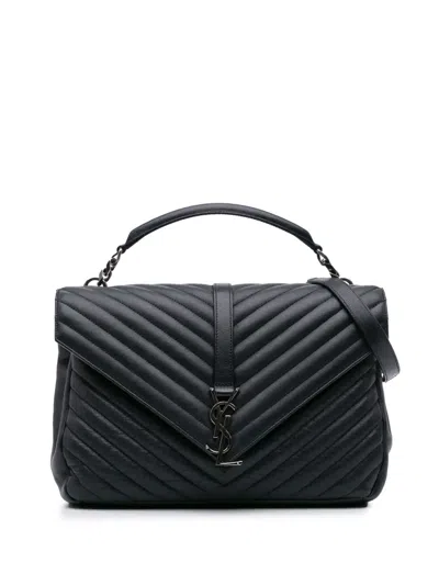 Pre-owned Saint Laurent 2016 Large Sheepskin Chevron Monogram College Satchel In Blue