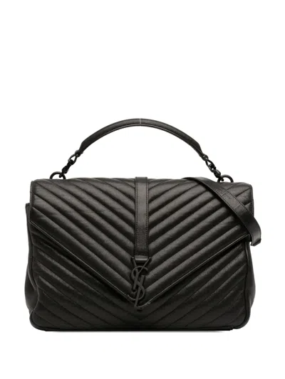 Pre-owned Saint Laurent 2016 Large Sheepskin Chevron Monogram Monochrome College Bag Satchel In Black