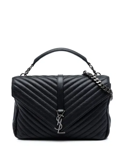 Pre-owned Saint Laurent 2016 Large Sheepskin Chevron Monogram Monochrome College Bag Satchel In Black