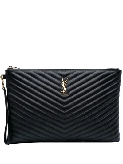 Pre-owned Saint Laurent 2016 Leather Chevron Monogram Document Holder Clutch Bag