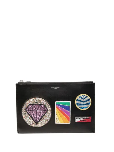 Pre-owned Saint Laurent 2016 Leather Multi Patch Zip Pouch Clutch Bag In Black