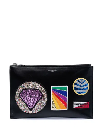 Pre-owned Saint Laurent 2016 Leather Multi Patch Zip Pouch Clutch Bag In Black
