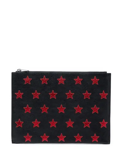 Pre-owned Saint Laurent 2016 Leather Star Rider Tablet Pouch Clutch Bag In Black