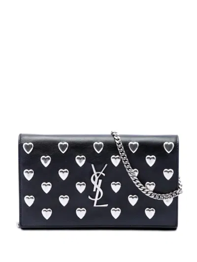 Pre-owned Saint Laurent 2016 Medium Calfskin Monogram Heart Studded Kate Crossbody Bag In Black
