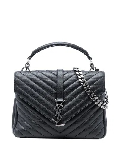 Pre-owned Saint Laurent 2016 Medium Chevron Sheepskin Monogram College Satchel In Black