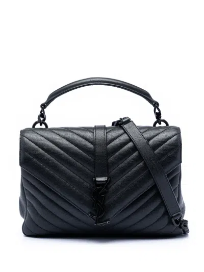 Pre-owned Saint Laurent 2016 Medium Chevron Sheepskin Monogram College Satchel In Black