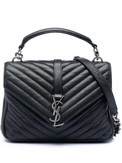 Pre-owned Saint Laurent 2016 Medium Chevron Sheepskin Monogram College Satchel In Black