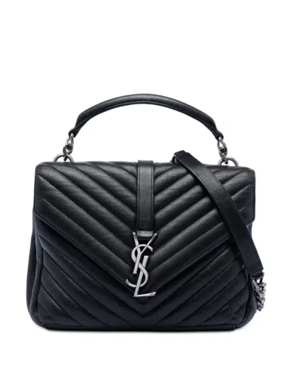 Pre-owned Saint Laurent 2016 Medium Chevron Sheepskin Monogram College Satchel In Black