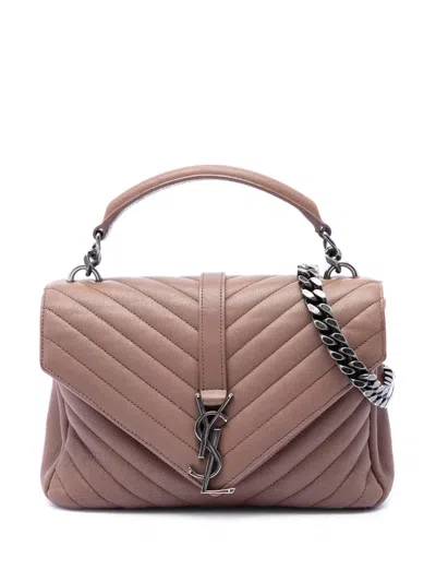Pre-owned Saint Laurent 2016 Medium Chevron Sheepskin Monogram College Satchel In Brown