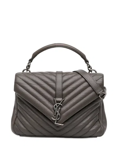 Pre-owned Saint Laurent 2016 Medium Chevron Sheepskin Monogram College Satchel In Gray