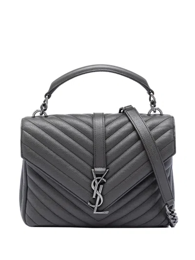 Pre-owned Saint Laurent 2016 Medium Chevron Sheepskin Monogram College Satchel In Gray