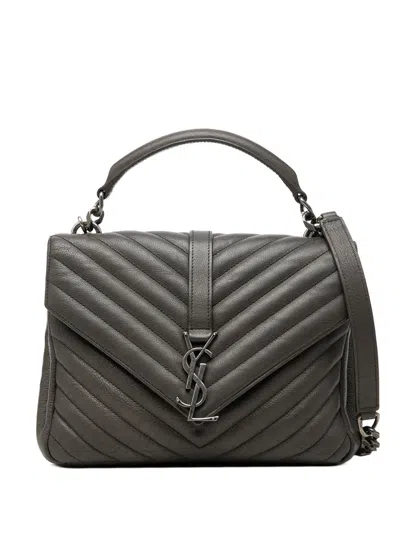 Pre-owned Saint Laurent 2016 Medium Chevron Sheepskin Monogram College Satchel In Gray