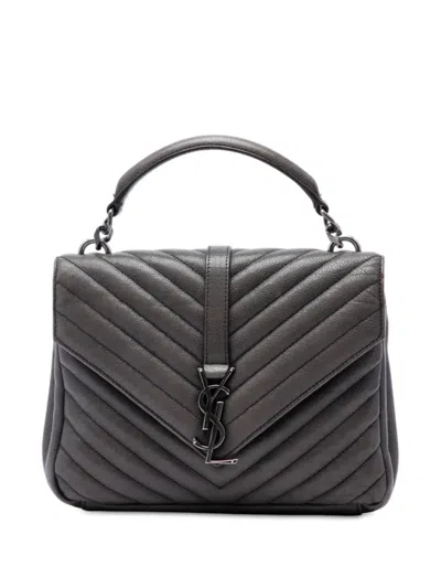 Pre-owned Saint Laurent 2016 Medium Chevron Sheepskin Monogram College Satchel In Grey