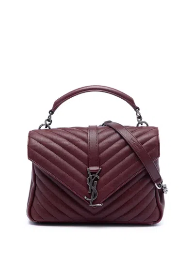 Pre-owned Saint Laurent 2016 Medium Chevron Sheepskin Monogram College Satchel In Red