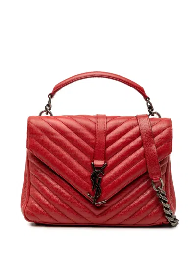 Pre-owned Saint Laurent 2016 Medium Chevron Sheepskin Monogram College Satchel In Red