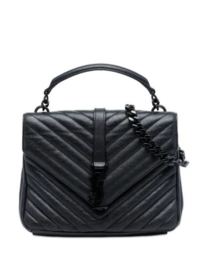 Pre-owned Saint Laurent 2016 Medium Chevron Sheepskin Monogram Monochrome College Bag Satchel In Black