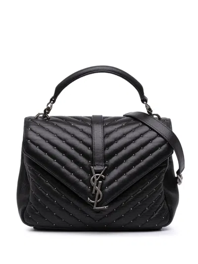 Pre-owned Saint Laurent 2016 Medium Chevron Studded Lambskin Monogram College Satchel In Black
