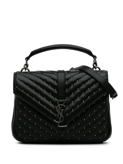 Pre-owned Saint Laurent 2016 Medium Chevron Studded Sheepskin Monogram College Satchel