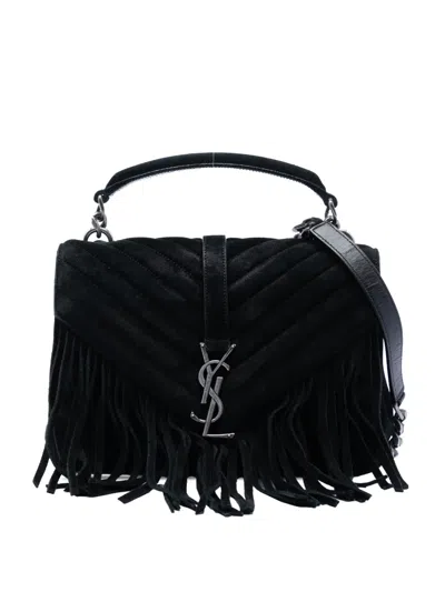 Pre-owned Saint Laurent 2016 Medium Chevron Suede Monogram Fringe College Satchel In Black