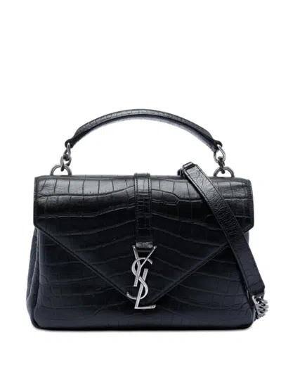 Pre-owned Saint Laurent 2016 Medium Croc Embossed Leather College Satchel In Black