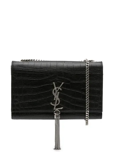 Pre-owned Saint Laurent 2016 Medium Croc Embossed Leather Kate Tassel Crossbody Bag In Black