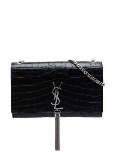 Pre-owned Saint Laurent 2016 Medium Croc Embossed Leather Kate Tassel Crossbody Bag In Black