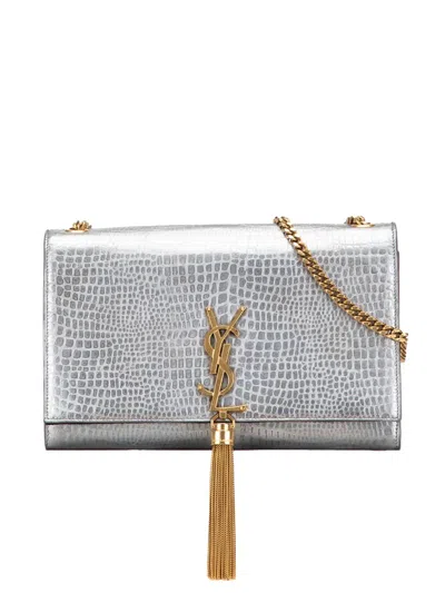 Pre-owned Saint Laurent 2016 Medium Croc Embossed Leather Kate Tassel Crossbody Bag In Silver