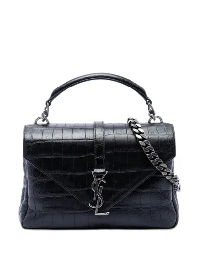 Pre-owned Saint Laurent 2016 Medium Croc Embossed Leather Monogram College Satchel In Black