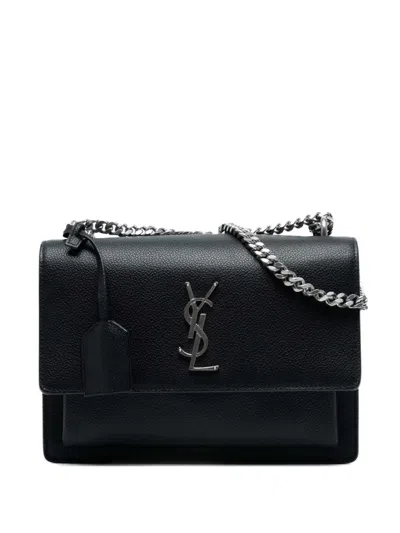 Pre-owned Saint Laurent 2016 Medium Grained Calfskin Monogram Sunset Crossbody Bag In Black