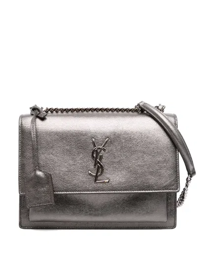 Pre-owned Saint Laurent 2016 Medium Metallic Leather Monogram Sunset Crossbody Bag In Silver