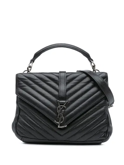 Pre-owned Saint Laurent 2016 Medium Monogram Chevron Sheepskin College Bag Satchel In Black